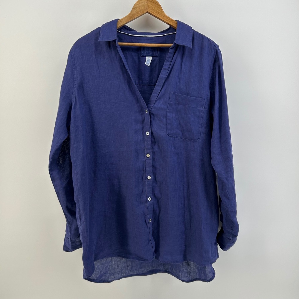Sigrid Olsen Womens Indigo 100% Linen Button Down Roll Tab Sleeve Shirt Large